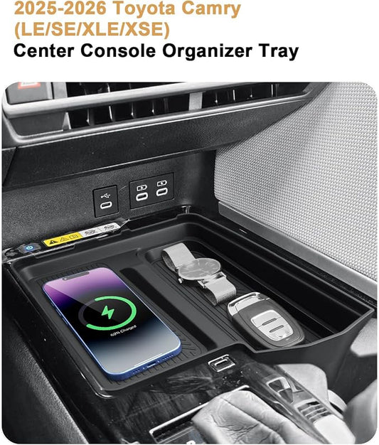 2026 Camry Center Console Organizer - One-piece Molding Center Console Storage Tray & Wireless Charging Area Pad For 2025-2026 Toyota Camry(LE/SE/XLE/XSE) Accessories - Durable ABS & TPE Material