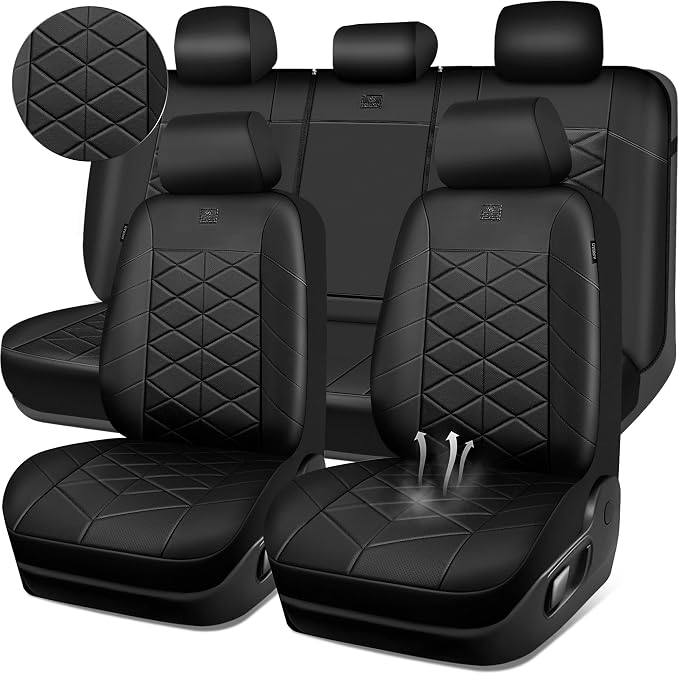 CAR PASS Memory Foam Leather Car Seat Covers Full Set, Breathable Perforated Nappa Leather Seat Covers Full Set, Comfort Universal Fit for Most SUV Truck Sedan, Airbag Compatible 5 Seats All Black