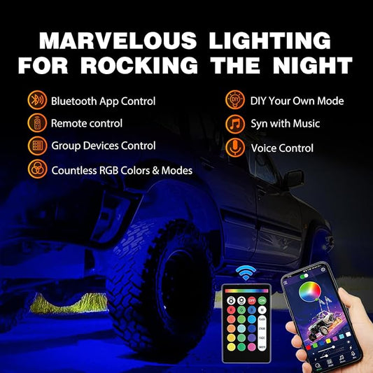 Nilight RGB LED Rock Lights Kit 12 Pods Underglow Multicolor Neon Pod with Remote & Bluetooth App Control DIY Flashing Music Mode Wheel Well Light for Truck ATV UTV RZR SUV