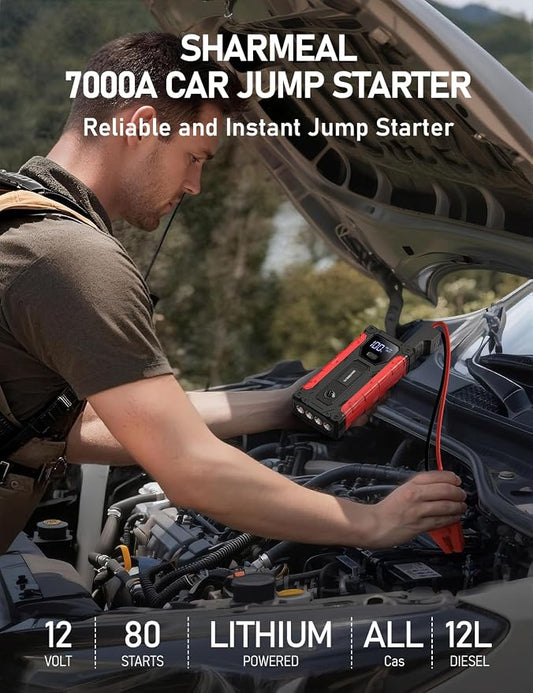 Sharmeal Car Jump Starter 7000A, Jump Starter Battery Pack with PD 30W Quick Charger, 12V Portable Jump Box (for All Gas and 12.0L Diesel) with 4 LED Light