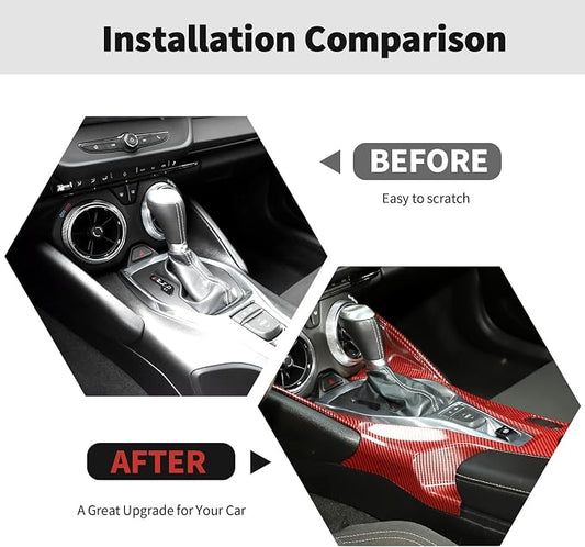 RT-TCZ Center Console Gear Shift Panel Trim Cover Cup Holder Frame Interior Decoration Kit Accessories for Chevrolet Camaro 2016-2022,Red Carbon Fiber
