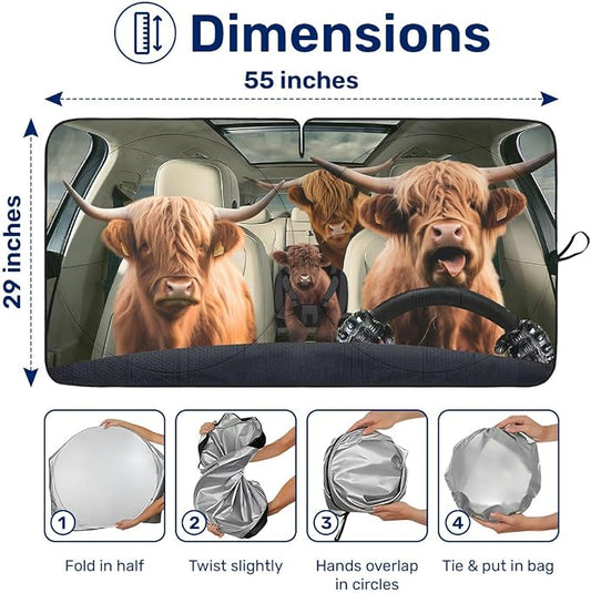 GENANY Highland Cow Family Funny Windshield Sun Shade for Car SUV Truck (55x29 Inches), Automobile Sunshade, Protector Blocks UV, Car Accessories, Auto Decor