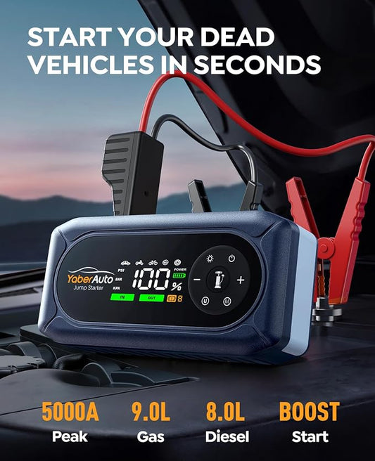 YaberAuto 5000A Car Battery Jump Starter with Air Compressor & Gloves, Car Jumper Starter Portable with 150PSI Tire Inflator, 12V Jump Box (9L Gas/8L Diesel) Jumper Cables, 18W Fast Charge 800LM Light