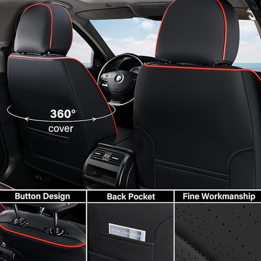 Coverado Front Seat Covers, Car Seat Covers Front Seats, Nappa Leather Seat Covers for Cars, Waterproof Seat Covers with Lumbar Support Universal Fit for Most Cars SUV Trucks (Front, Black-Red line)