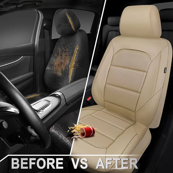 CAR PASS Memory Foam Car Seat Covers,Air Cool Mesh Thick Seat Covers Front Seats,Beige Leather Seat Cover for Car,Universal Automotive Comfort for Most Cars,SUV,Trucks,Airbag Compatible,All Beige