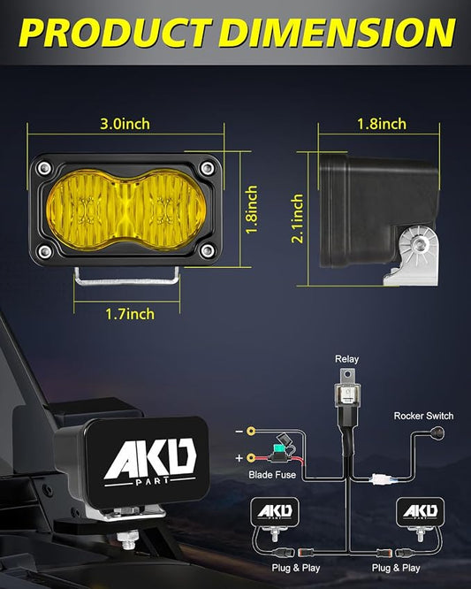 3" 40W Yellow Flood LED Pods with Wiring Harness & Black Covers | High Intensity CREE LEDs Yellow Fog Lights Small Chase Lights 2 Packs for Trucks Motorcycle SUV UTV ATV Dirt Bike