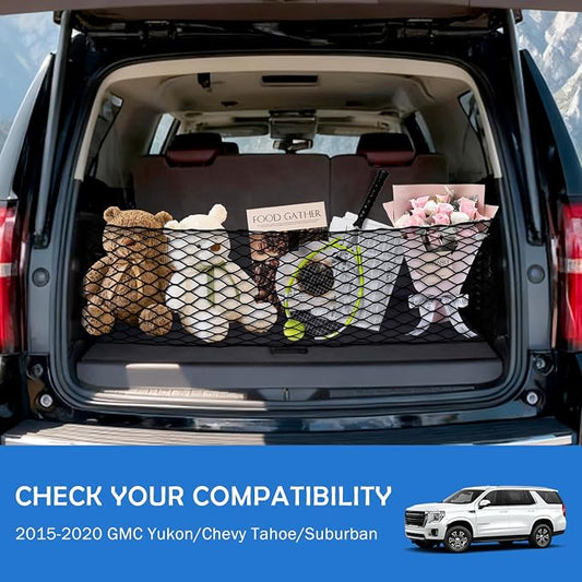 Envelope Style Caro Net for 2015-2020 GMCYukon/Chevy Tahoe/Suburban Accessories, Rear Trunk SUV Mesh Cargo Net, Upgraded 5mm Bungee&Double-Layer Nylon Storage Netting Grocery&Tools Holder Organizer