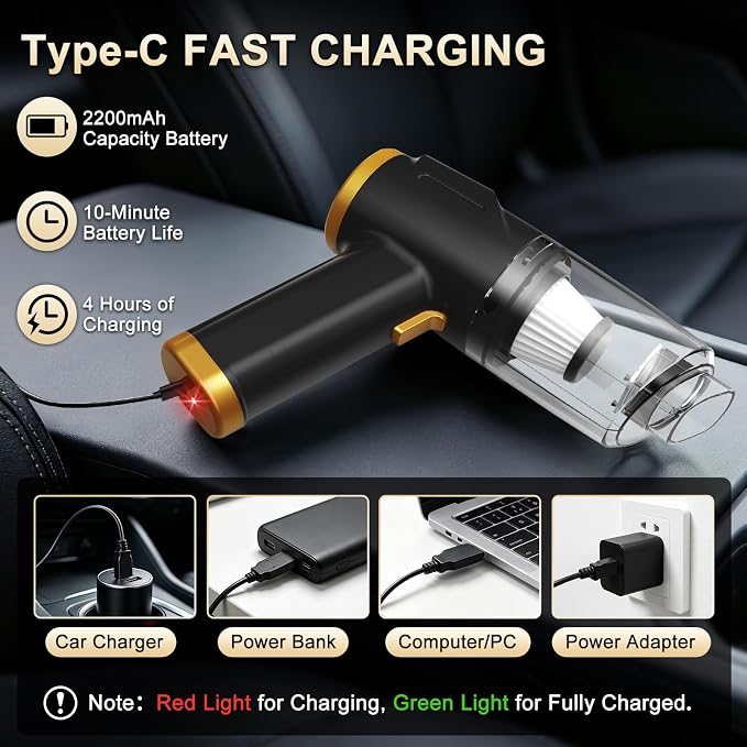 3-in-1 Cordless Handheld Vacuum Cleaner, 10KPa Car Vacuum and Air Duster,Type-C Rechargeable with Washable HEPA Filter and LED Light for Car Interior,Home,Office and Pet Hair