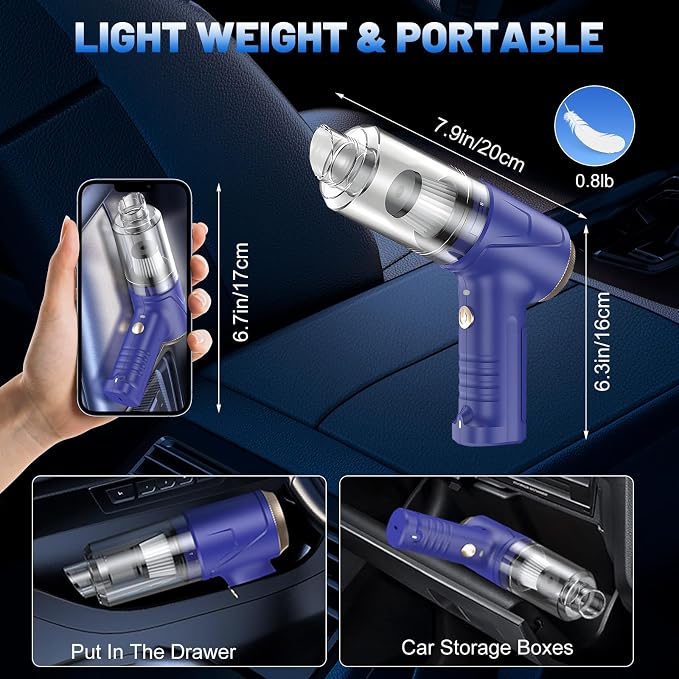 Handheld Cordless Car Vacuum Cleaner 16000Pa 4-in-1 Portable Vacuum & Air Duster with LED Light 120W High Power - Multi Nozzles for Pet Hair, Home, Office, Car - Rechargeable and Dual Filters