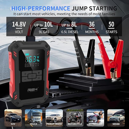 Car Jump Starter with Air Compressor 4000A Peak Battery Jump Starter 14.8V,150PSI Inflator Auto Booster 15000MA Jump Box (up to 10L Gas,8L Diesel Engine),LED Light with Quick Charger USB & Type C