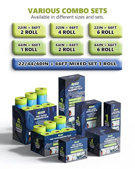 Pre-Taped Masking Film for Painting - 3 Rolls Mixed Size Painters Plastic Sheeting with Tape and Drape, Painters Drop Cloth for Automotive & Home, Cover for Walls/Floors/Windows/Cars Protection
