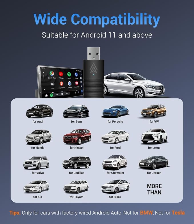 Android Auto Wireless Adapter for Factory Wired Auto Cars from 2016, Mini Android Auto Adapter Converts Wired to Wireless Car Play Dongle to USB& USB-C, Plug & Play, Online Update (Black)