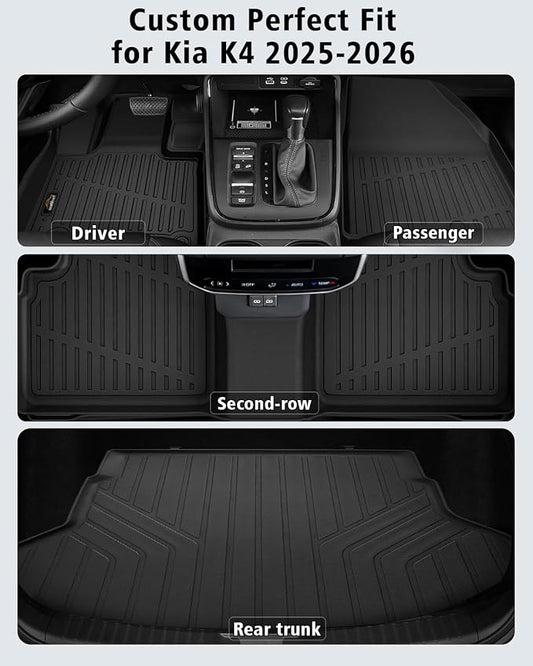 Floor Mats & Cargo Liner Custom Fit for Kia K4 2025 2026 Sedan All Weather TPE Rubber Trunk Mat Anti-Slip Full Set Automotive Floor Liners for Kia K4 2025 Accessories