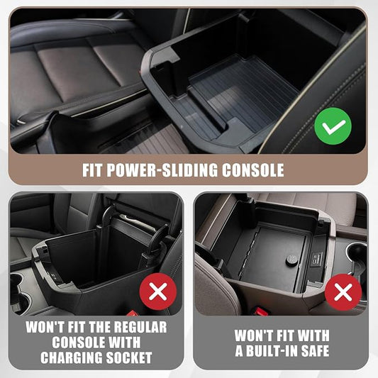 Muslogy for 2021-2025 2026 Sliding Console Yukon Tahoe Suburban Center Organizer Armrest Storage Tray Compatible with GMC Yukon Chevy Tahoe Suburban Fit for Power Sliding Console (Brown)