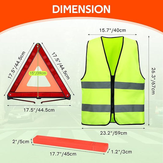 MYFULLY 2 Pack Emergency Warning Triangle and Reflective Safety Vest Set – Foldable Reflective Roadside Triangles, Essential Car Emergency Kit for Vehicle Breakdowns and Road Safety