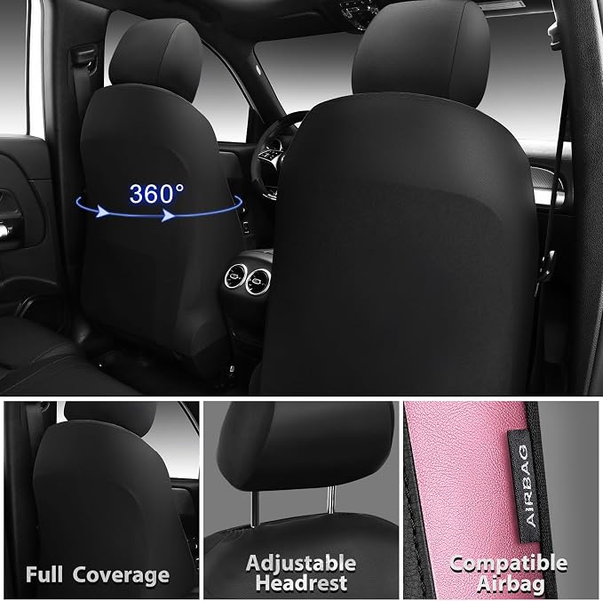 CAR PASS Memory 3D Foam Car Seat Covers Full Set, Breathable Mesh Thick Seat Covers for Car, Pink Metal Film Leather Seat Covers, Universal Automotive Comfort for SUVs Trucks, Black Pink