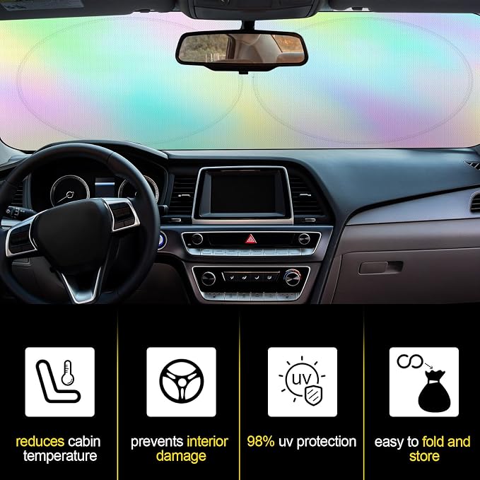 Windshield Sun Shade Foldable Car Front Window Covers for Car Accessories Sun Heat UV Rays Visor Protector Protection for Universal Cars SUV Truck (Rainbow)