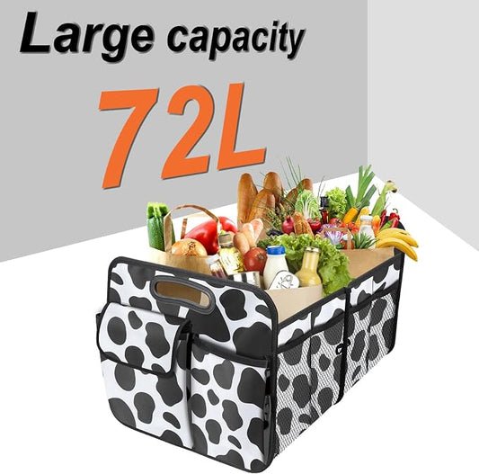 Trunk Organizer for Car, 72L Collapsible Waterproof Car Organizers and Storage, Car Accessories for Women and Men, Multi-Compartment Storage Organizer for SUV, Cow Print