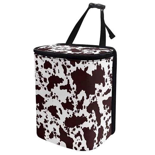 Brown Cow Print Trash Can for Car Portable Garbage Bag with Lid and Zipper Interior Auto Accessories Portable Trash Bin Hanging Backseat Cute Cowhide Multipurpose Multipurpose Trash Bags