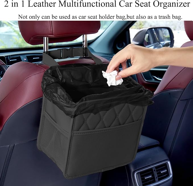 Car Seat Organizer, Back Seat Car Organizer, 2Pack Large Leather Waterproof Car Back Seat Organizer with Cup Holder Over the Car Seat&Headrest Organizer Hanging Car Seat Bags