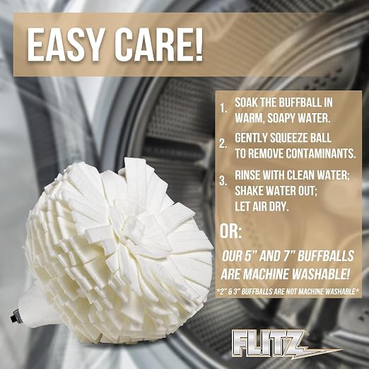 Flitz Buff Ball w/ 1.76oz Metal Polish Paste - 7in Drill Buffer Polisher Attachment for Any 3/8in Drill - Self-Cooling, Washable Polishing Ball to Buff, Shine, & Protect All Metals, Plastics (1 Pack)