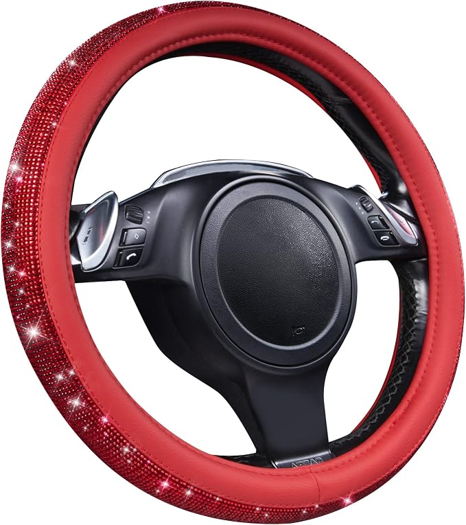 CAR PASS Bling Diamond Leather Steering Wheel Cover, with Bling Sparkly Crystal Glitter Rhinestones Universal Fit 14" 1/2-15" Car Wheel Protect for Women Girl Fit Suvs,Vans,Sedans,Cars,Trucks, Red