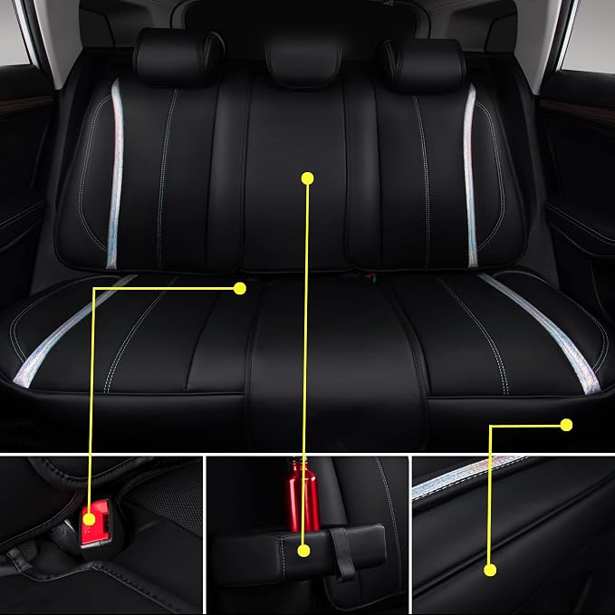 CAR PASS Nappa Leather Seat Covers, Waterproof Durable Universal fit for Women Girly SUV Truck,Anti-Slip Driver Seat Cover with Backrest, full set 5 Holographic Black Silver strips Iridescent colorful
