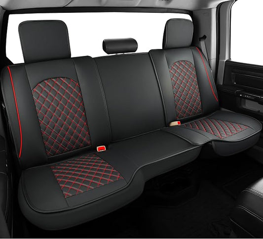 FREESOO Car Seat Covers Full Set for Dodge Ram 2002-2018 1500 & 2011-2026 2500 3500 Crew Quad Cab, 2019-2024 Ram 1500 Classic Leather Seat Cover, with Curved Bench, Black Red