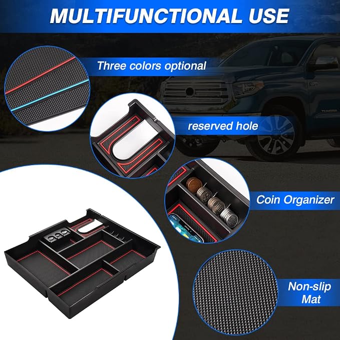 Autorder Center Console Organizer for 2014-2021 Toyota Tundra Accessories Armrest Storage Box Secondary Insert Full Tray with Red/Blue/Black Silicone Pads