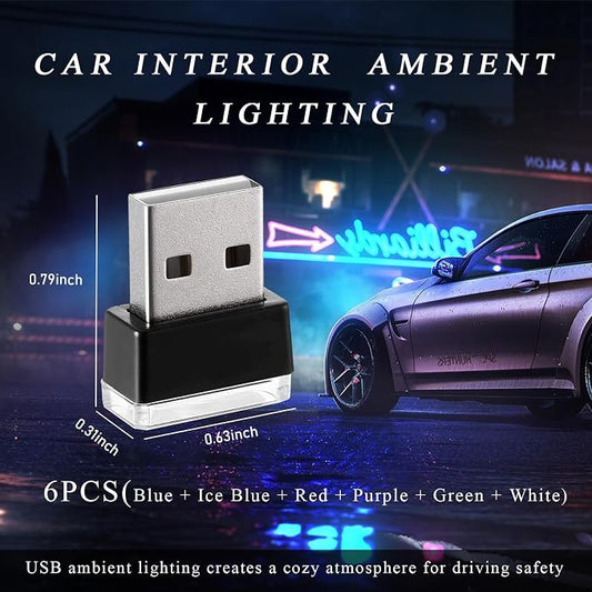 Yourkar 4 PCS USB LED Car Interior Atmosphere Lamp, Plug-in USB Interface Trunk Ambient Lighting Kit, Night Led Decoration Mini USB Light, Universal Interior Car Accessories (6 PCS, 6 Clors)