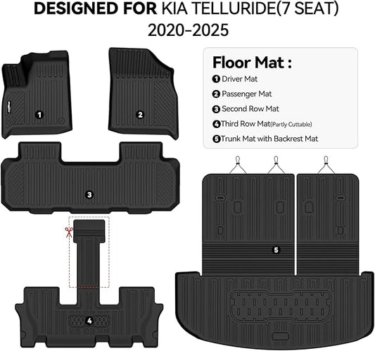 Floor Mats for Kia Telluride 2020-2025, Trunk Mat with Backrest Mat All Weather TPE Protector for Kia Telluride Accessories Floor Liner