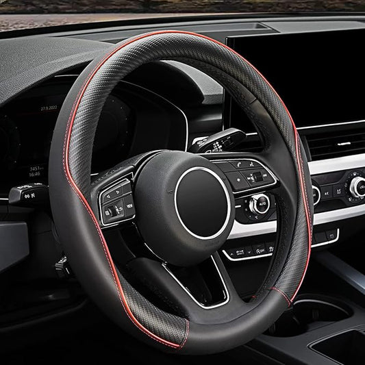 YHONGJT Soft Microfiber Leather Anti-Slip Car Steering Wheel Cover, Universal 15 Inch, Fit Vehicles, Sedans, SUVS, Vans, Trucks - Black with Red Line