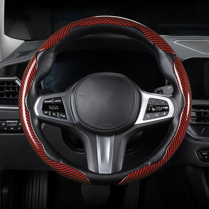 Carbon Fiber Steering Wheel Cover, Snap on Car Steering Wheel Cover Set Accessories 3pcs Wrap Grip Non Slip Protector Universal Glossy Red