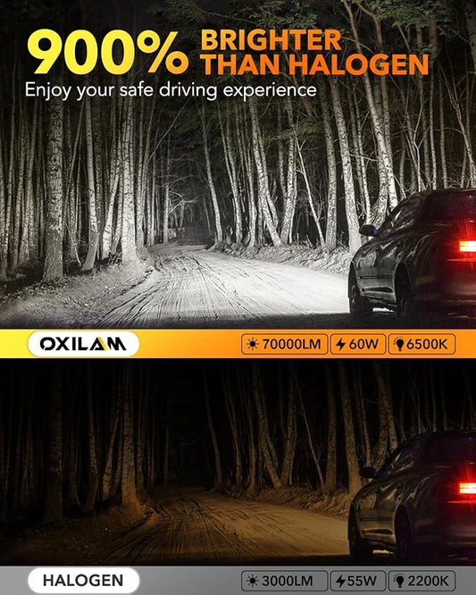 OXILAM Q36 H11 9005 Light Bulbs Combo, 70000lm 900% Brighter 6500K Cool White Light, 1:1 Size 9005/HB3 H11/H9/H8 DRL Fog Light Halogen Replacement, IP68 Waterproof, Pack of 4