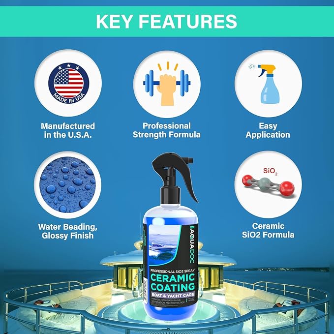 AquaDoc Boat Ceramic Coating Spray - SiO2 Marine Wax for Boats - Helps Provide Glossy Shine & UV Protection - Water-Repellent Ceramic Wax Spray for Boats, Yachts & Watercrafts - 16oz