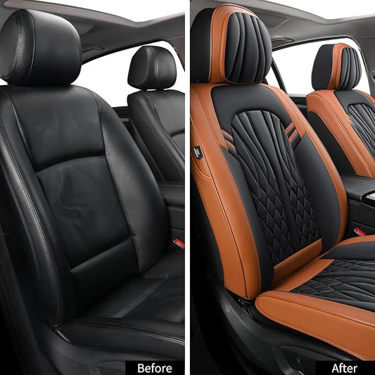 MINGBRON Car Seat Covers Front Seats, Car Seat Protector Waterproof, Car Seat Cushion Nappa Leather, Driver Seat Cover Brown Carseat Cover Universal Fit for Most Cars Brown&Black