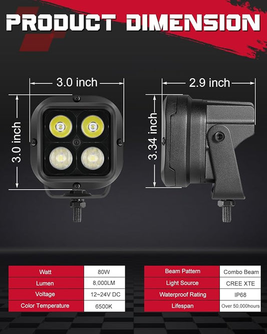 LED Pods, OFFROADTOWN 3inch 80W CREE LED Pods Off Road Driving Lights Cubes Ditch Lights Headlight for Truck Pickup Dirt Bike UTV ATV SUV Boat 4x4 Car - Combo Beam