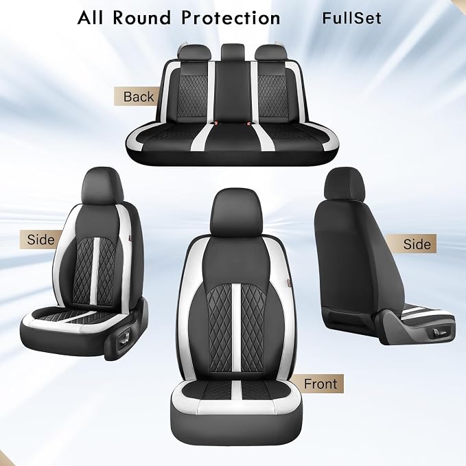 Coverado Universal Leather Seat Covers Full Set for 5 Seats – Waterproof, Durable All-Weather Protector for SUV, Pickup Truck, Sedan, White&Black