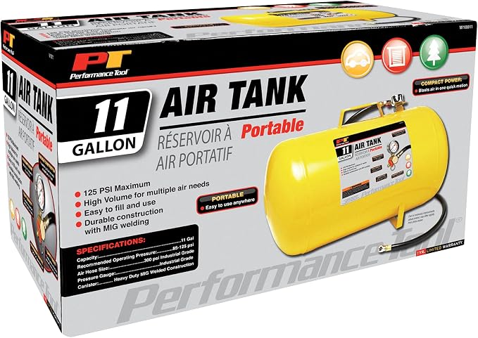Performance Tool W10011 Hi-viz 11-Gallon Horizontal Portable Air Tank With Tire Air Chuck , Yellow