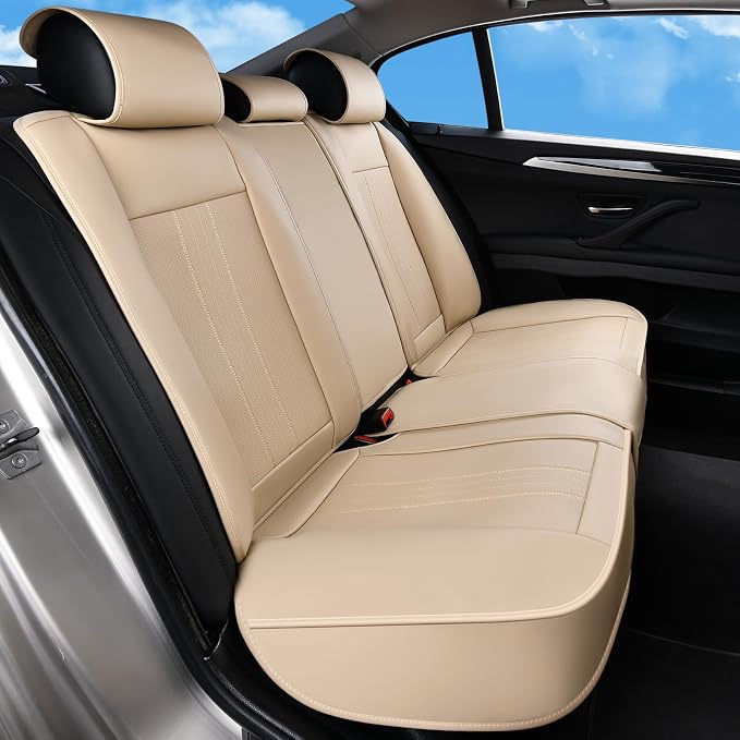 Huidasource Beige Back Seat Cover, Luxury Faux Leather Car Back Seat Cover, Velcro Adjustable, Compatible with Child Seat, Perforation Cooling&Heating, Universal Fit for Most Cars Vans, Trucks, SUVs