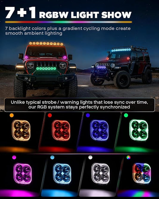 Auxbeam Color Play Series RGB Ditch Light Pods, 3-Inch Multicolor RGBW Offroad Spot Light Bar, 116W 12960 Lumen Color Changing Backlight 7 Color Gradient Cycle A-Pillar Fog Lights, 2-Pack