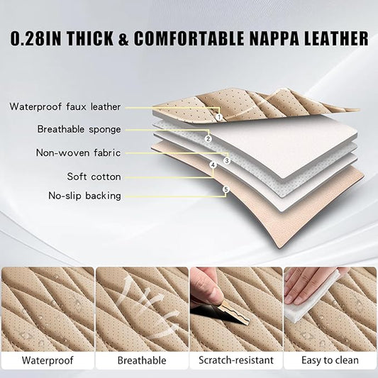 WELLDO Nappa Faux Leather Car Seat Covers Full Set, 5Seats,Beige | Waterproof, Non-Slip Seat Protector, 0.28in Thickened Cushion, Airbag Compatible, Universal for Cars SUV Truck Pickup