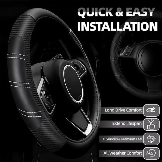 NBTEPEM 6 Pcs Black Car Accessories Set, Sport Leather Steering Wheel Cover 14.5-15inch Universal, Car Center Console Cover, Seat Belt Cushion, Cup Holder Coaster (Black Carbon Fiber)