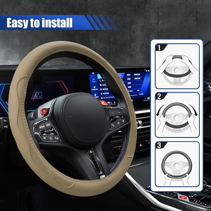 Car Steering Wheel Cover, 15 Inch Leather Anti-Slip Breathable Automotive Steering Wheel Protector, Universal Heat Resistant Vehicle Interior Accessories Cars, SUVs, Trucks(Beige)