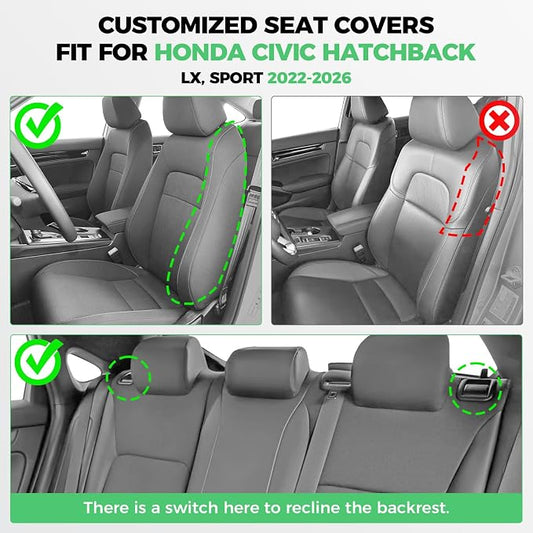 for Honda Civic Leather Seat Covers, Hatchback Sport LX 2022-2026, Custom Fit Car Seat Cover Full Set, Waterproof Accessories, Black (60/40 Split Benches-W/O Rear Armrest)