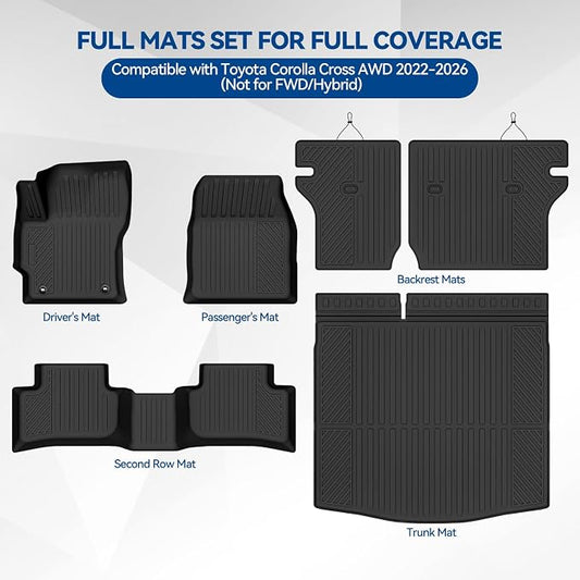 Custom Fit Floor Mats for 2022-2026 Toyota Corolla Cross Gas AWD (Not for FWD/Hybrid), All Weather TPE Floor Liners & Trunk Mat & Backrest Protectors, Odorless Full Set Interior Accessories