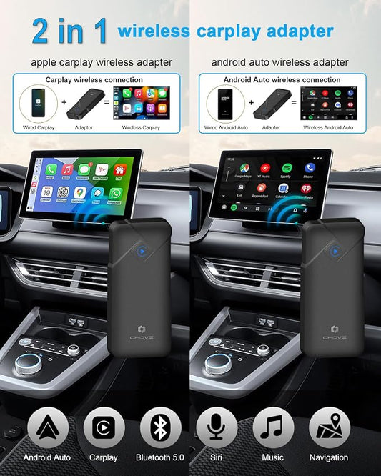 CHOVE 2-in-1 Wireless CarPlay & Android Auto Adapter, Upgrade Wired to Wireless, Compatible with iOS 10& Android