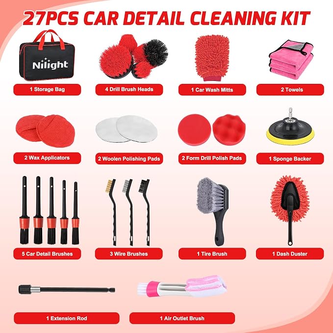 Nilight 27PCS Car Detailing Kit Auto Cleaning Tools Wash Set with Storage Carry Bag Home Use for Interior Exterior Deep Clean Polish Car Care Windshield Dashboard Seat Air Vents Wheels Tires, Red