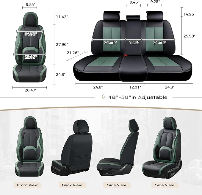 Coverado Automotive Seat Covers Front Seats, Leather Seat Covers 2 Pack, Black Green Car Seat Cover, Waterproof Car Seat Protector with Lumbar Support, Front Seat Covers Universal Fit for Most Cars
