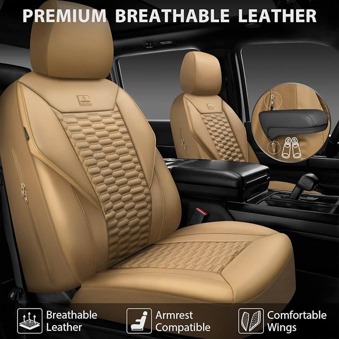 CAR PASS 3D Foam PU Leather Car Seat Covers Front Seats,Tan Faux Leather Front Seat Covers for Cars, Universal Fit for SUVs Trucks Vans Sedans Automotive, Armrest Airbag Compatible,Beige